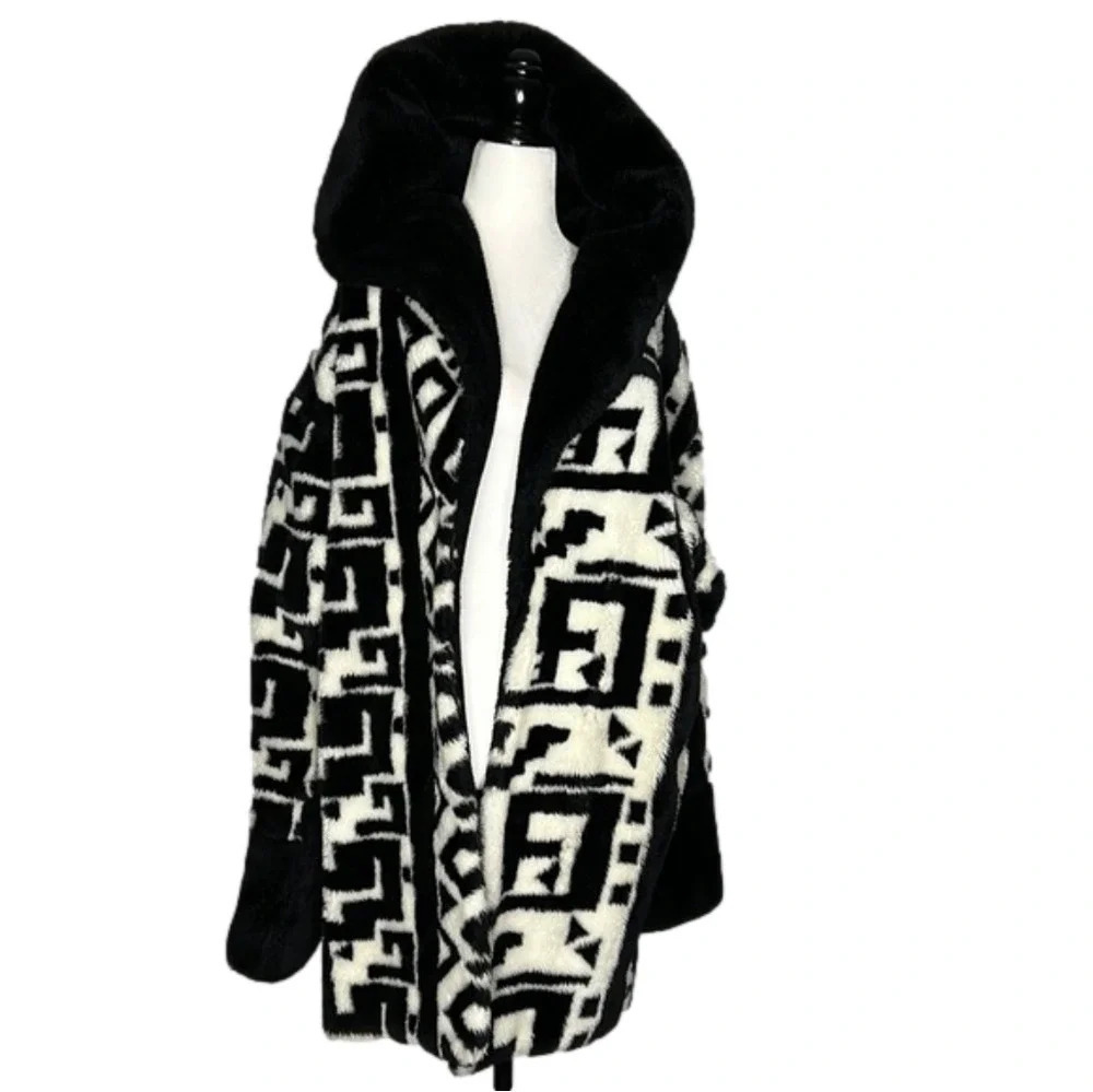 Monterey Black & White Patterned Hooded Teddy Coat